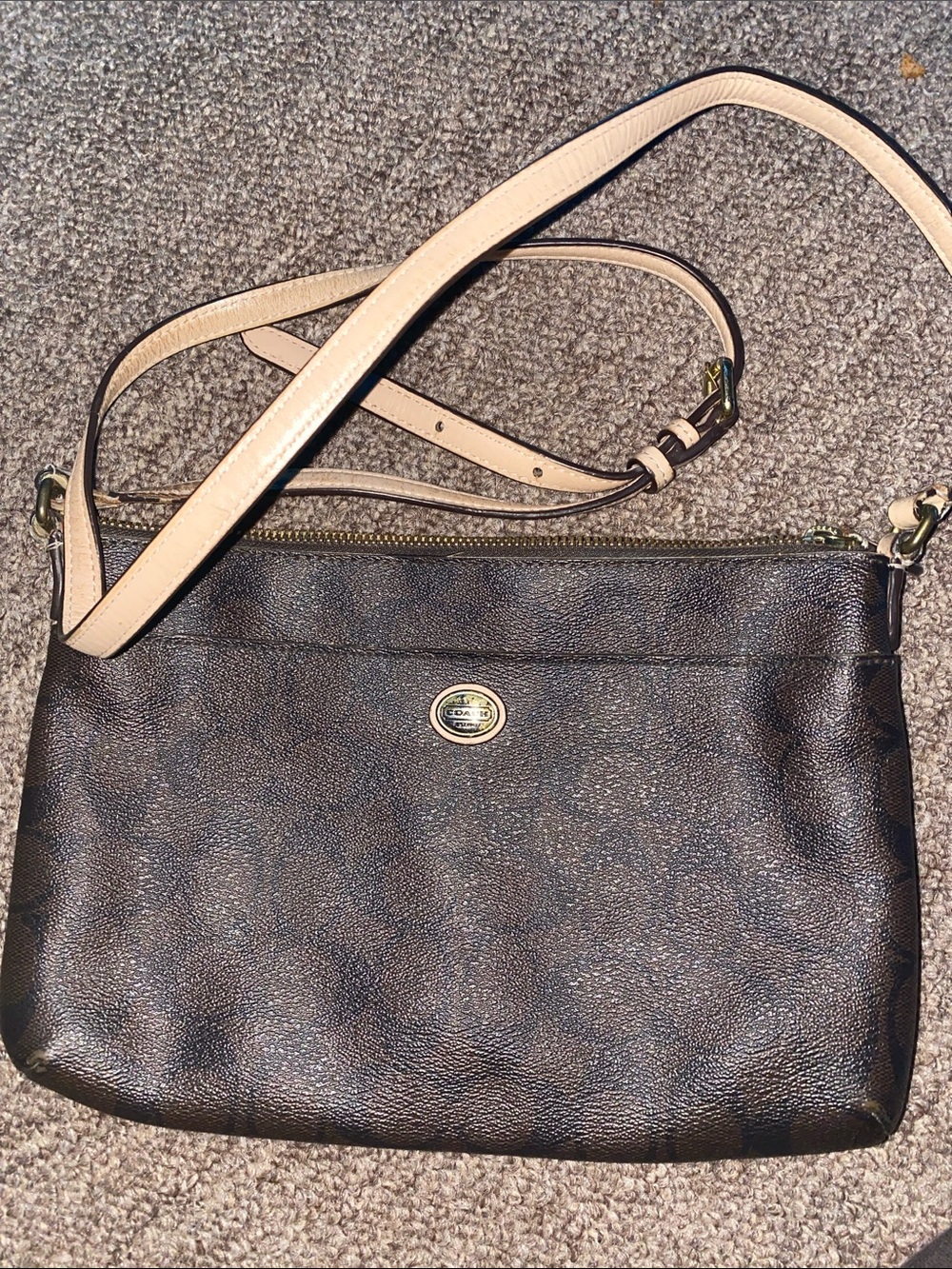 Coach Dark Brown Pebbled Leather Crossbody with Light Tan Strap